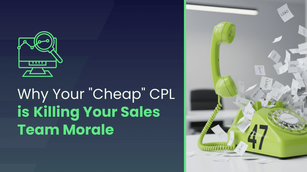 old telephone and notes flying with overlay text "Why your Cheap Cost Per Lead is killing your sales team morale
